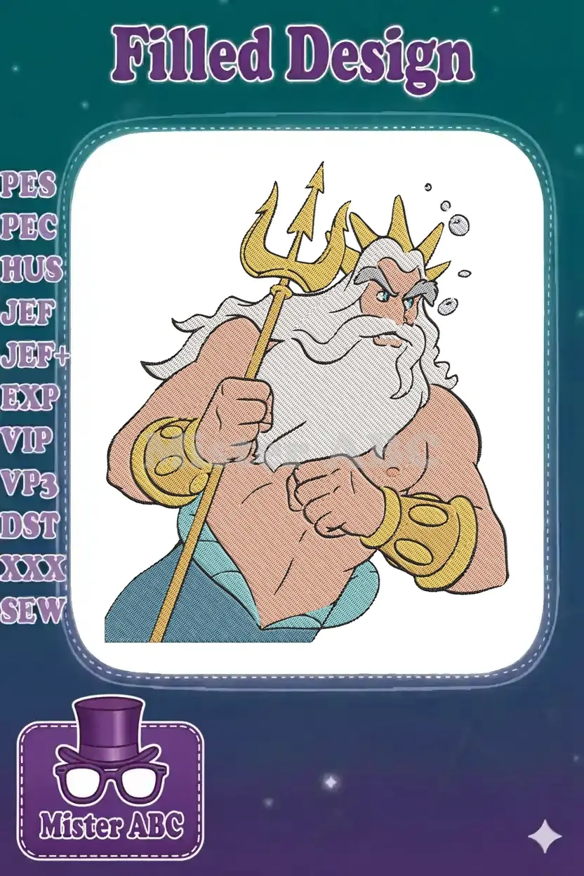 King Triton, the powerful sea king from Disney, ready with his golden trident, depicted as a detailed embroidery design.