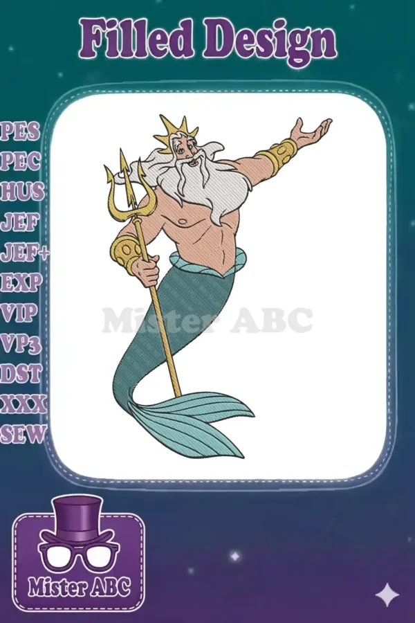A vibrant embroidery design featuring King Triton, the majestic sea king with a trident, crown, and flowing beard.