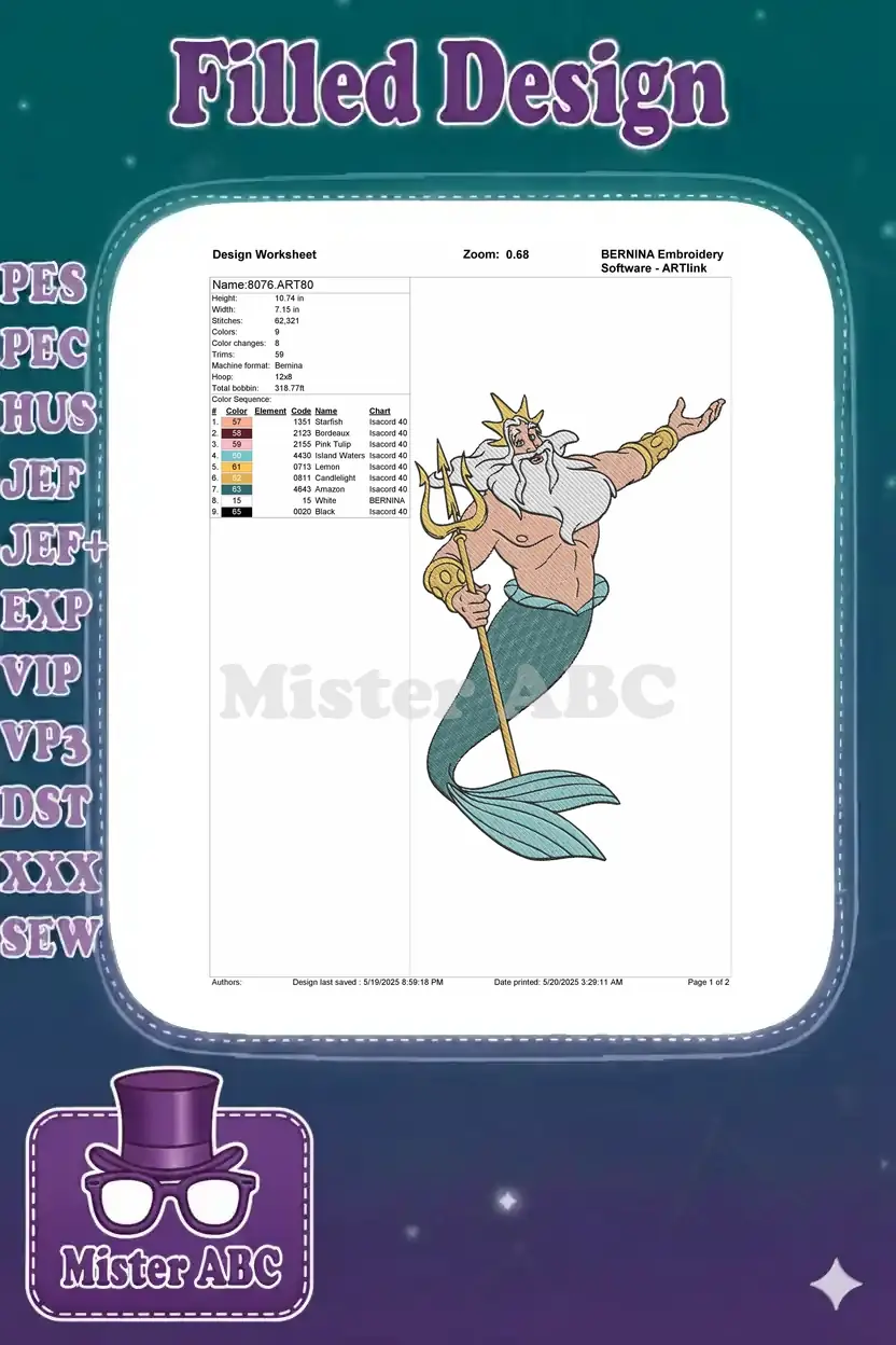 An embroidery design worksheet for King Triton, detailing dimensions, stitch count, color sequence, and thread types.