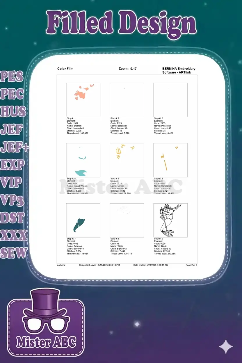 A detailed color film breakdown of the King Triton embroidery design, showing each stitch element and thread usage.