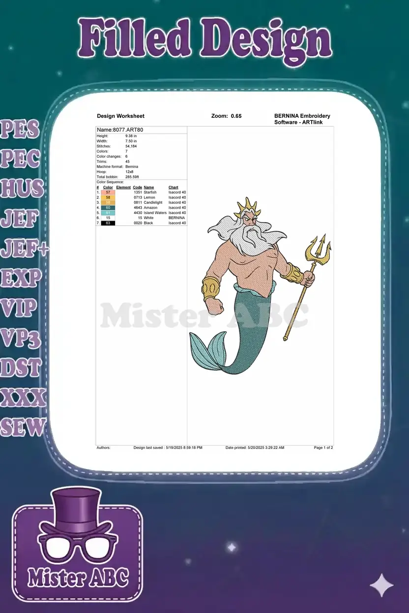 BERNINA embroidery design worksheet for King Triton, detailing dimensions, stitch count, and color sequence.