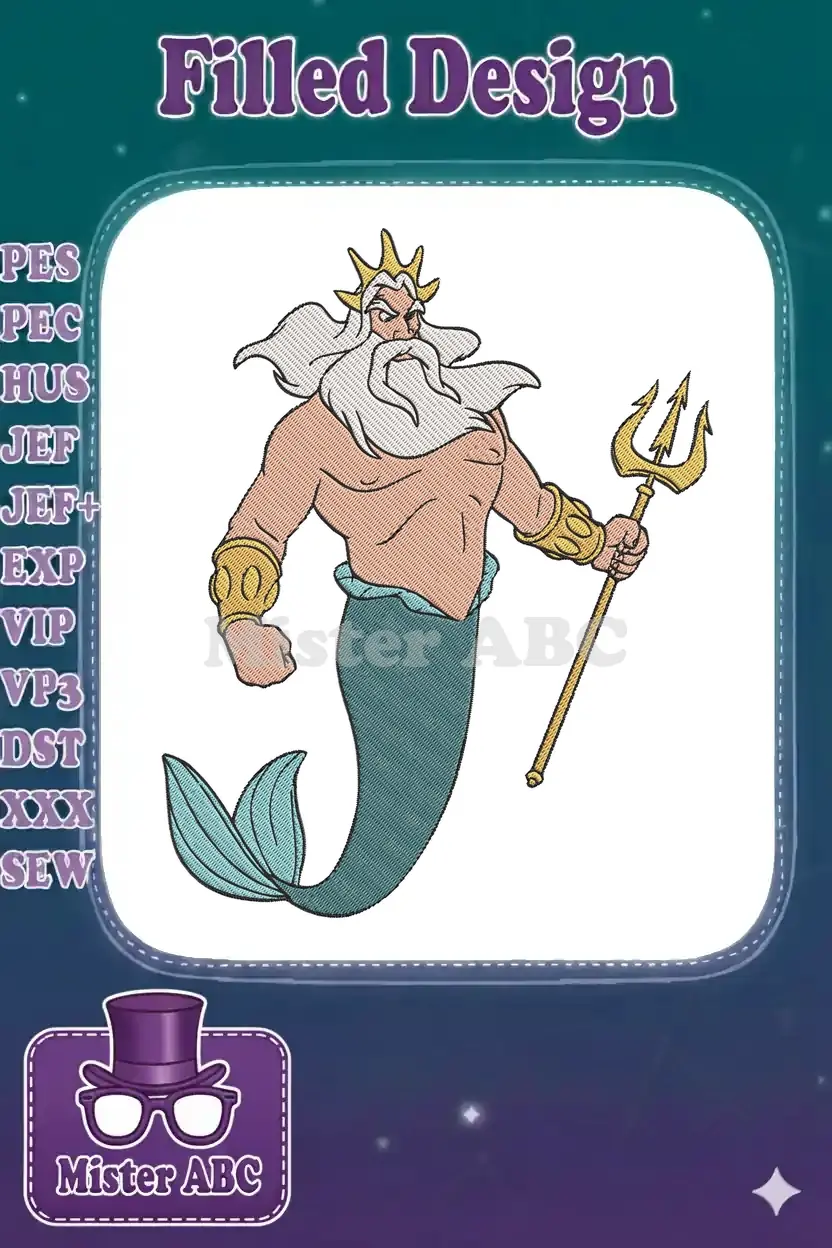 Embroidered King Triton, the powerful sea king from The Little Mermaid, holding his iconic golden trident.