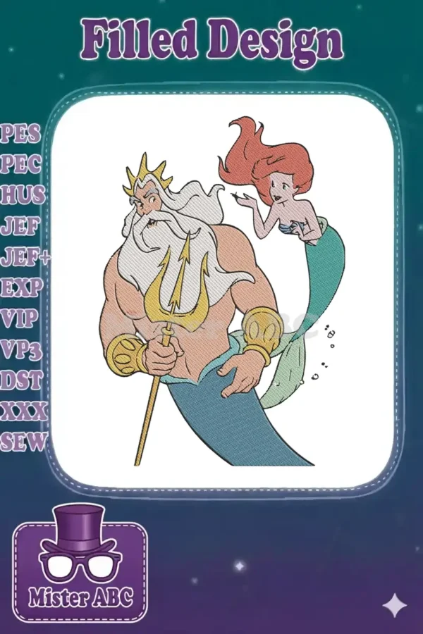 A vibrant machine embroidery design featuring King Triton and Ariel, showcasing their iconic appearance with intricate stitching.