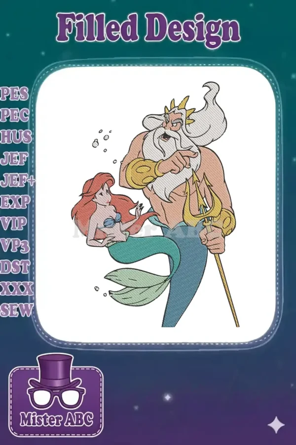 Full-color embroidery design featuring Disney's Ariel and King Triton in a classic pose, ready for stitching.