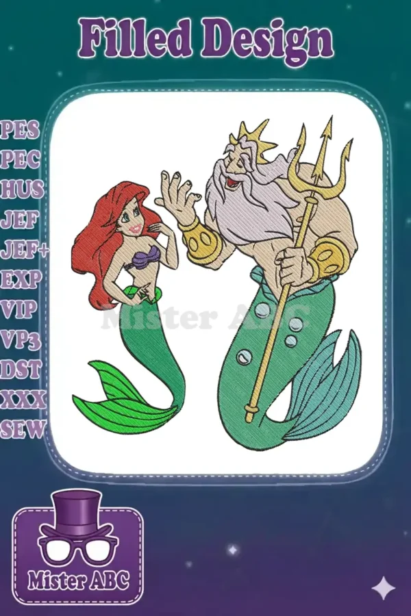 Detailed embroidery design featuring Ariel the mermaid with red hair and King Triton with a gold trident.