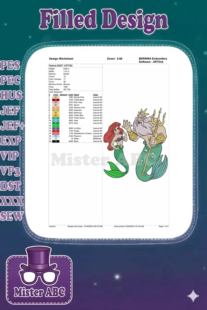 Bernina embroidery design worksheet for design 8087.ART80, showing dimensions, stitch count, and color chart.