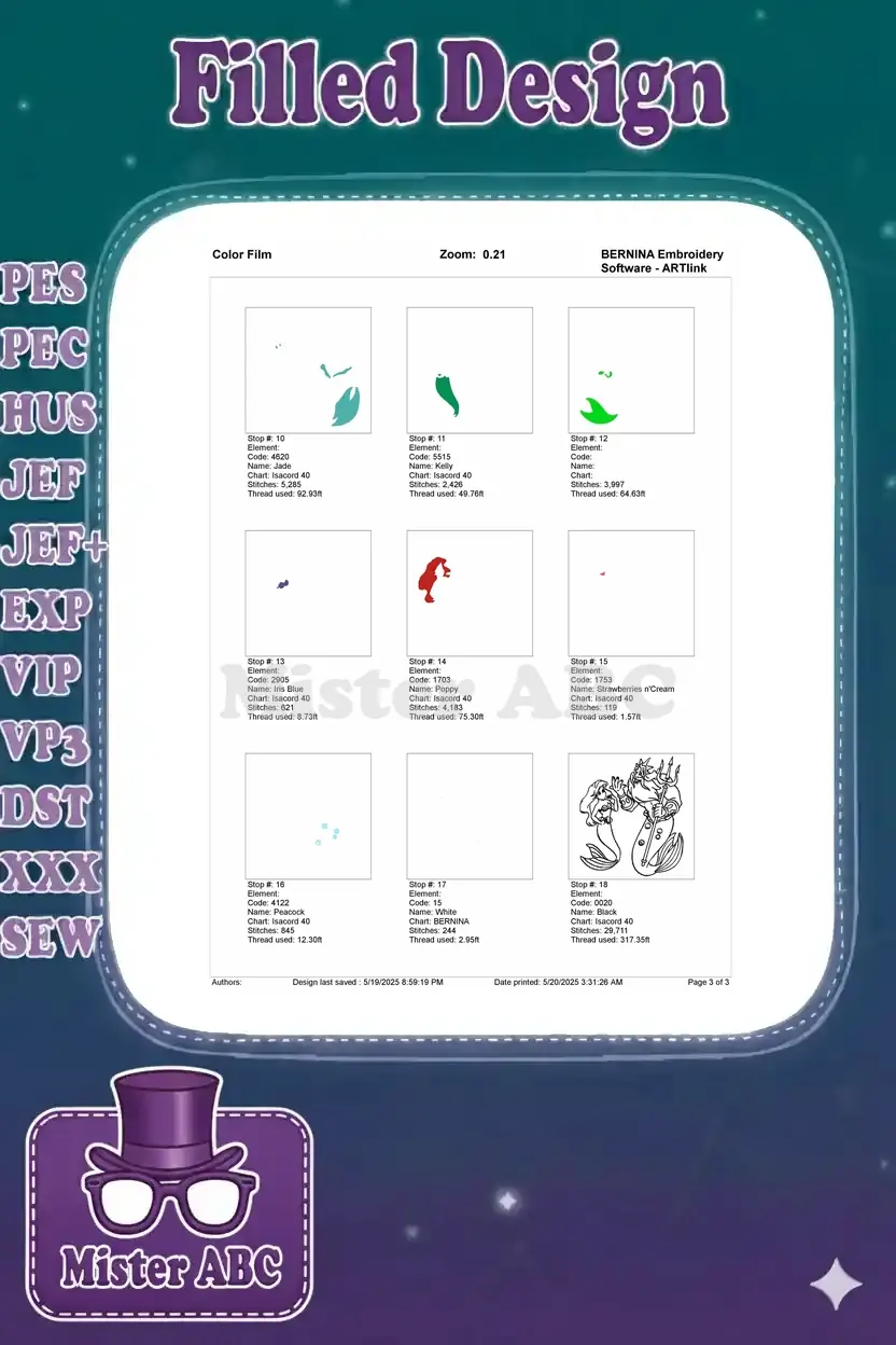 Bernina Color Film, page 3 of 3, showing individual stitched elements for the remaining nine color stops.