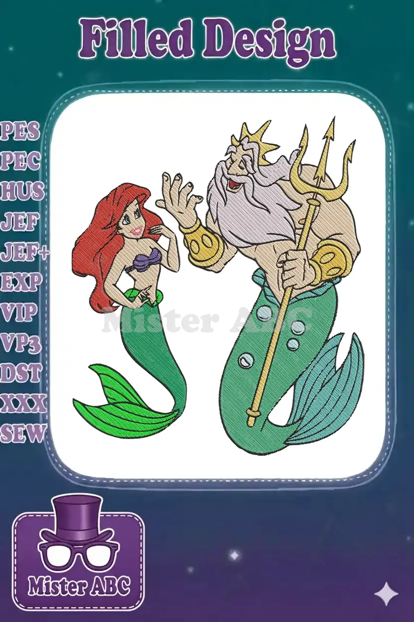 Detailed embroidery design featuring Ariel the mermaid with red hair and King Triton with a gold trident.