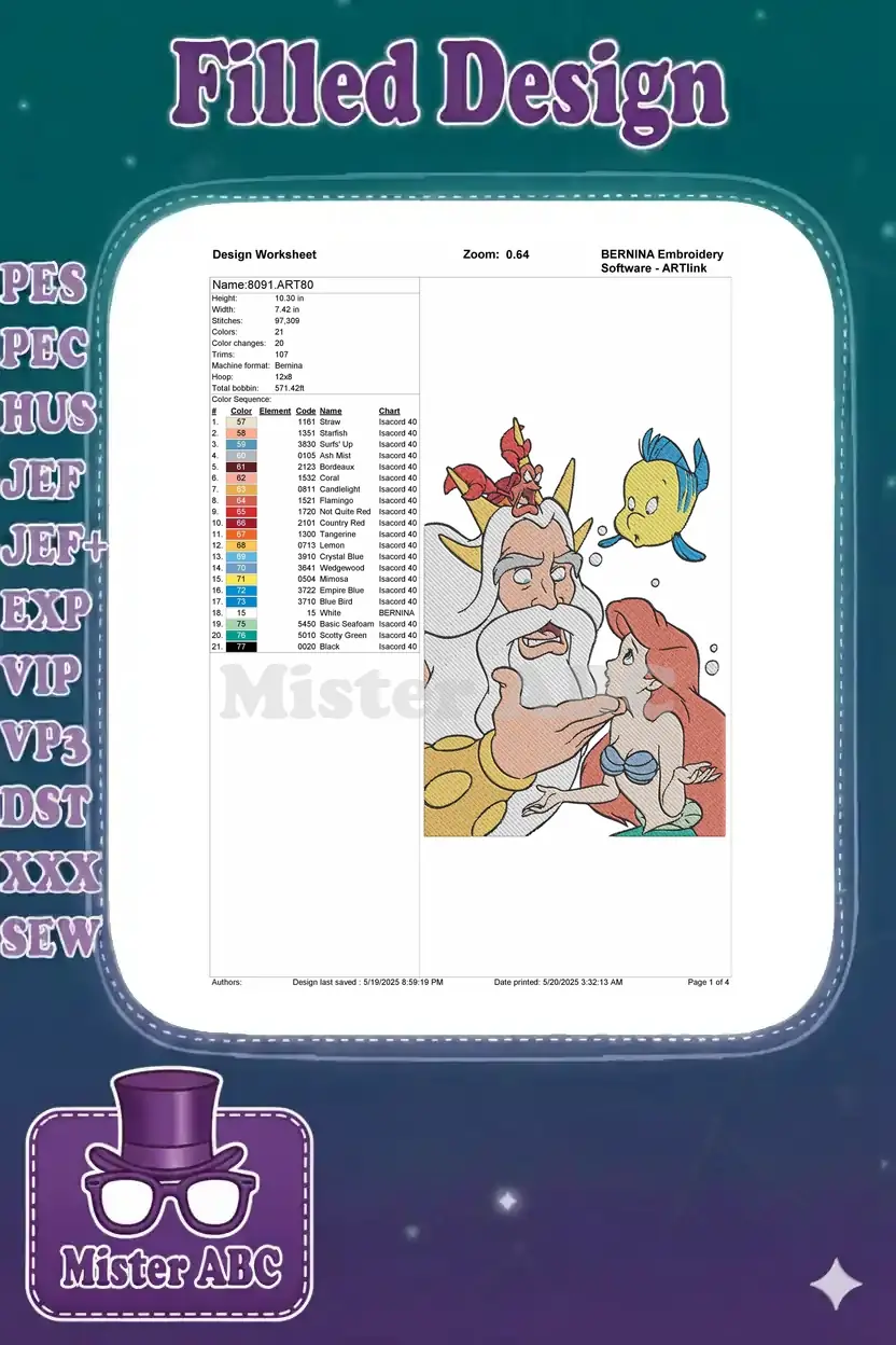 Embroidery design worksheet for 'The Little Mermaid' characters, showing dimensions, stitch count, and color chart.