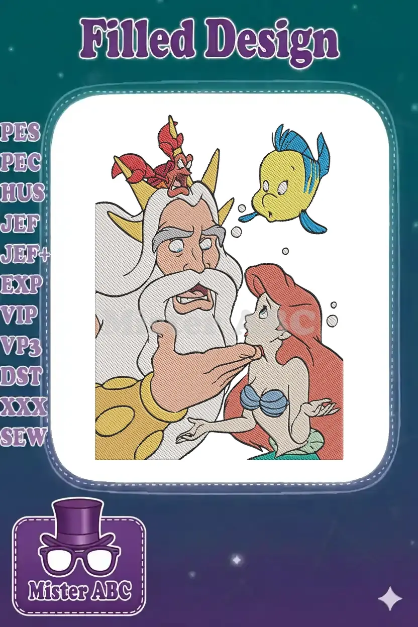 King Triton, Ariel, Sebastian, and Flounder in a dramatic emotional scene, a vibrant embroidery design.
