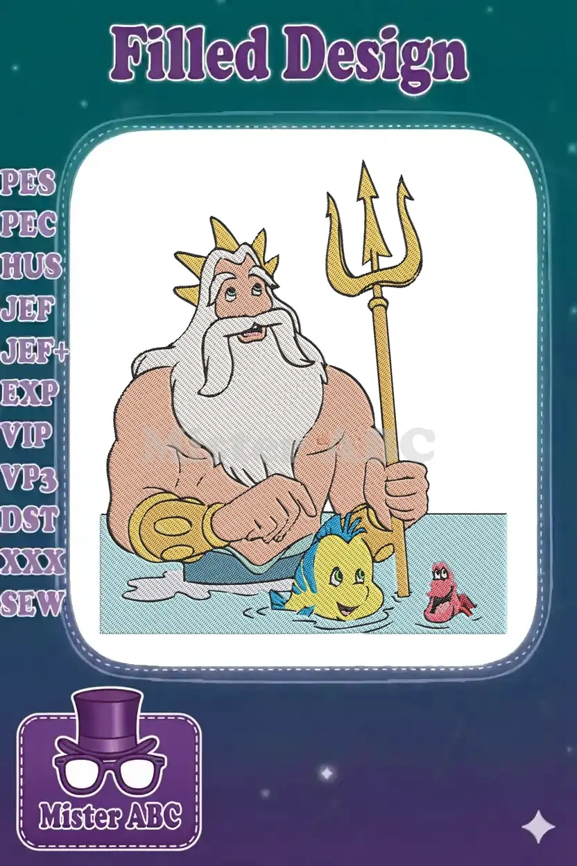 King Triton with his trident, Flounder, and Sebastian in a colorful embroidery design, ready for stitching.