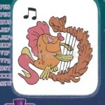 Whimsical fish playing seashell harp music notes embroidery designs - Instant Download