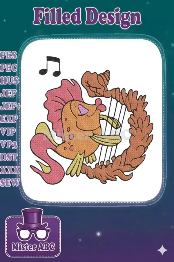 Vibrant embroidery of a cheerful orange fish with pink fins playing a brown seashell harp, with musical notes.