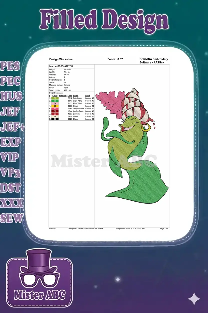 Detailed embroidery design worksheet showing dimensions, stitch count, color sequence, and thread codes.
