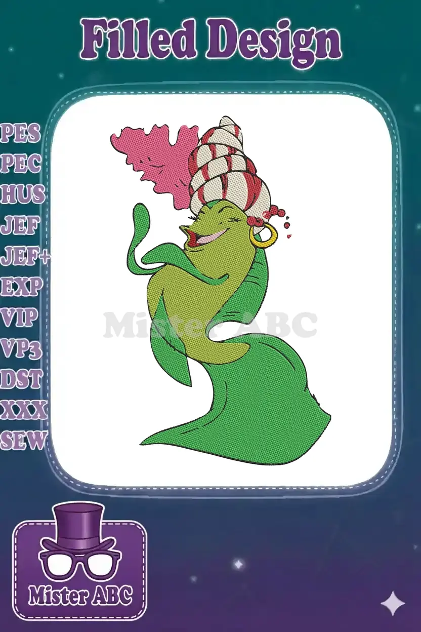 A vibrant machine embroidery design featuring a joyful green sea creature with a seashell and coral headdress.