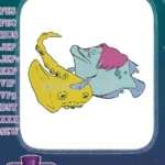 Whimsical blue fish character with pink hair and yellow creature embroidery designs - Instant Download