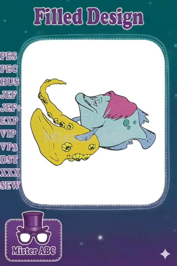 A charming cartoon fish with a pink fin playing a golden, whimsical saxophone on a white background, filled with detailed embroidery stitches.