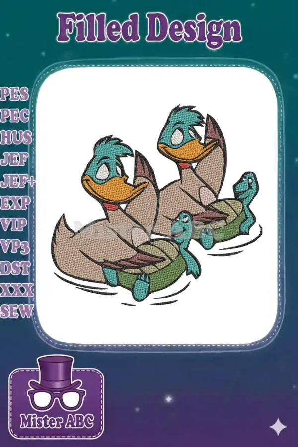 A vibrant embroidery design featuring two cheerful Puffin ducks and two smiling Speed turtles swimming gracefully.