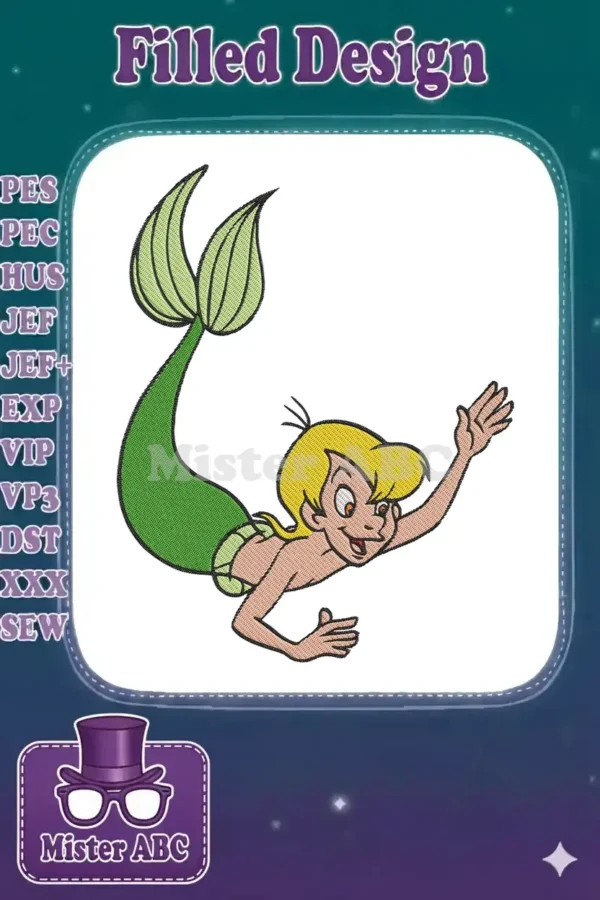 Vibrant embroidery design of Penny from The Rescuers as a cheerful mermaid, swimming with a green tail.