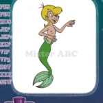 Mischievous blonde cartoon merman with green tail embroidery designs - Instant Download
