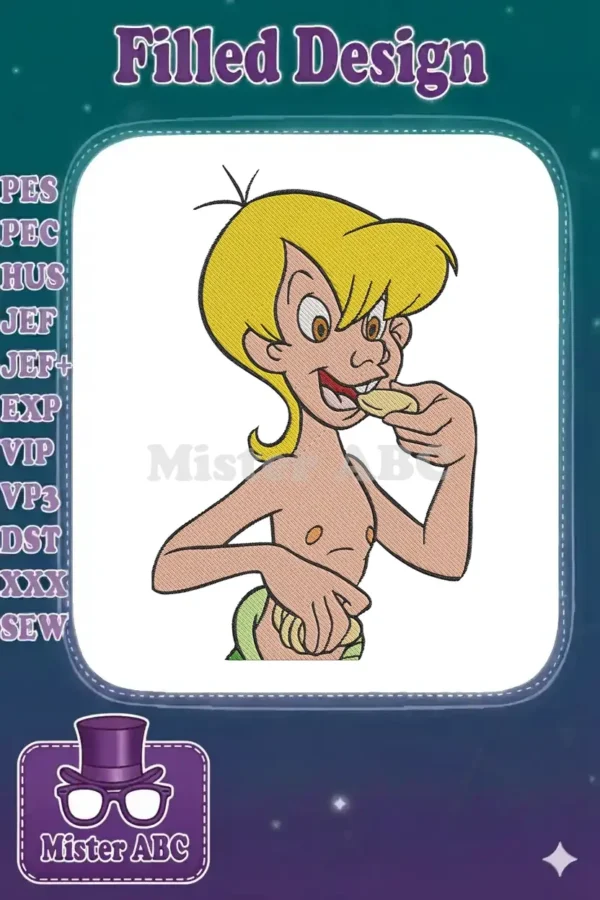 Vibrant embroidery design of Bamm-Bamm Rubble, a cheerful cartoon character from The Flintstones, eating a snack.