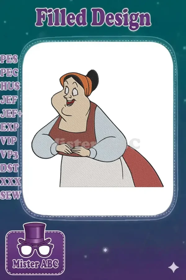 Vibrant embroidery design featuring Drizella Tremaine from Cinderella, smiling in her classic outfit with an orange scarf.