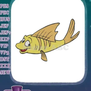 A vibrant, cheerful yellow cartoon fish embroidery design with brown fins and black outlines, smiling broadly on a white background.