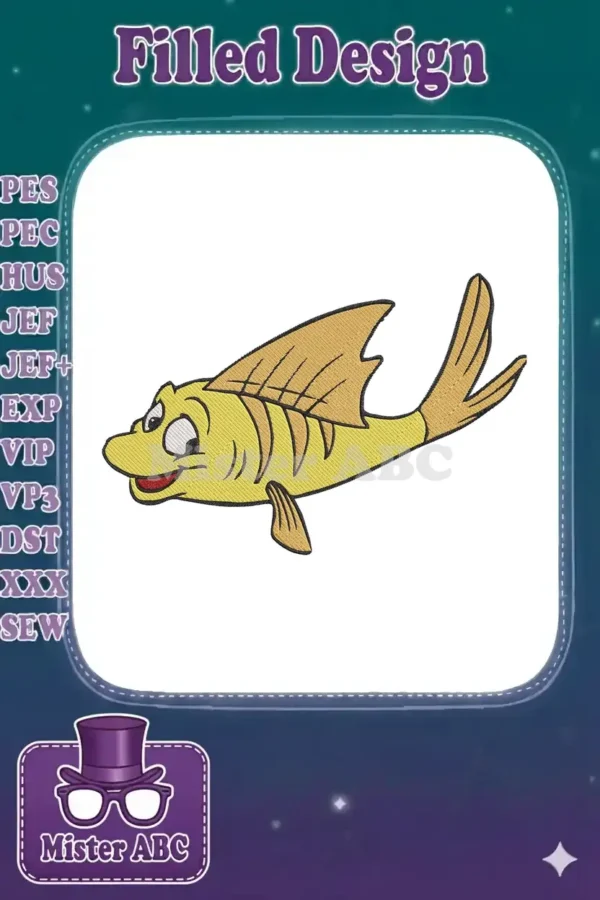 A vibrant, cheerful yellow cartoon fish embroidery design with brown fins and black outlines, smiling broadly on a white background.