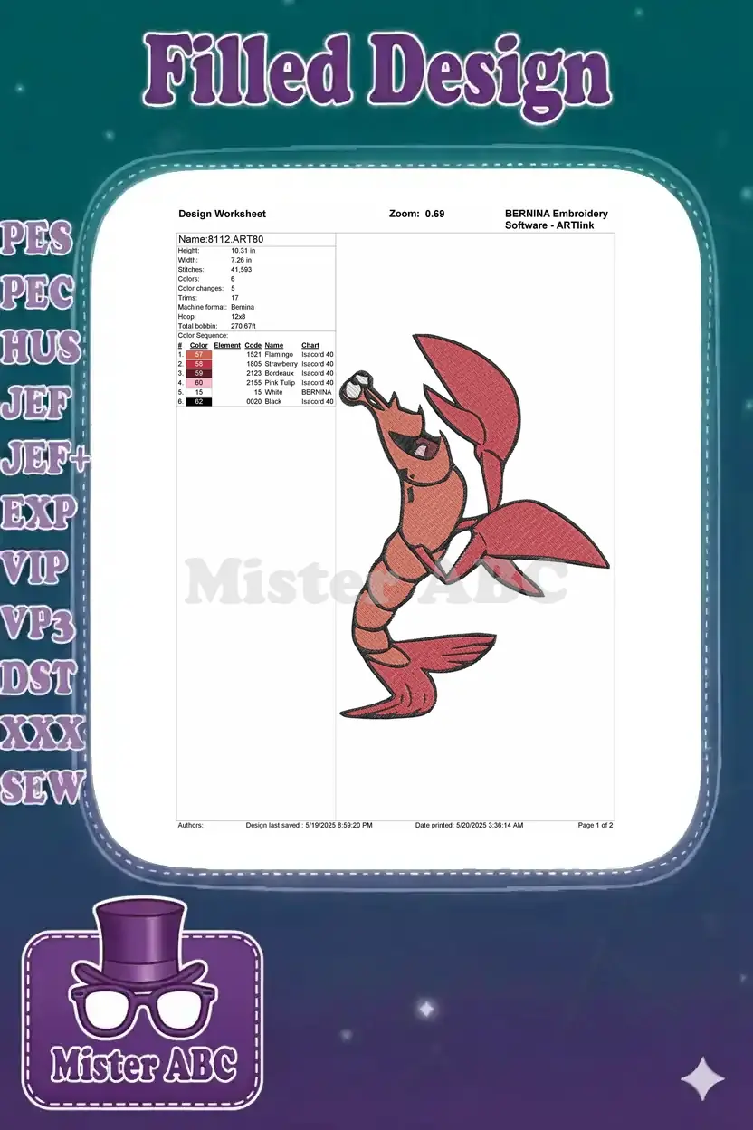 Embroidery design worksheet for 8112.ART80, detailing stitch count, dimensions, 6 colors, and machine specifications.