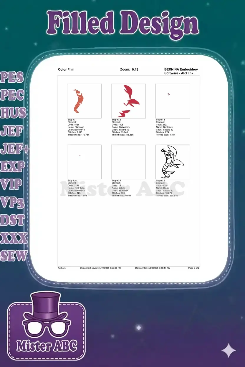 Embroidery color film showing the stitch order and thread usage for each of the six distinct color stops.