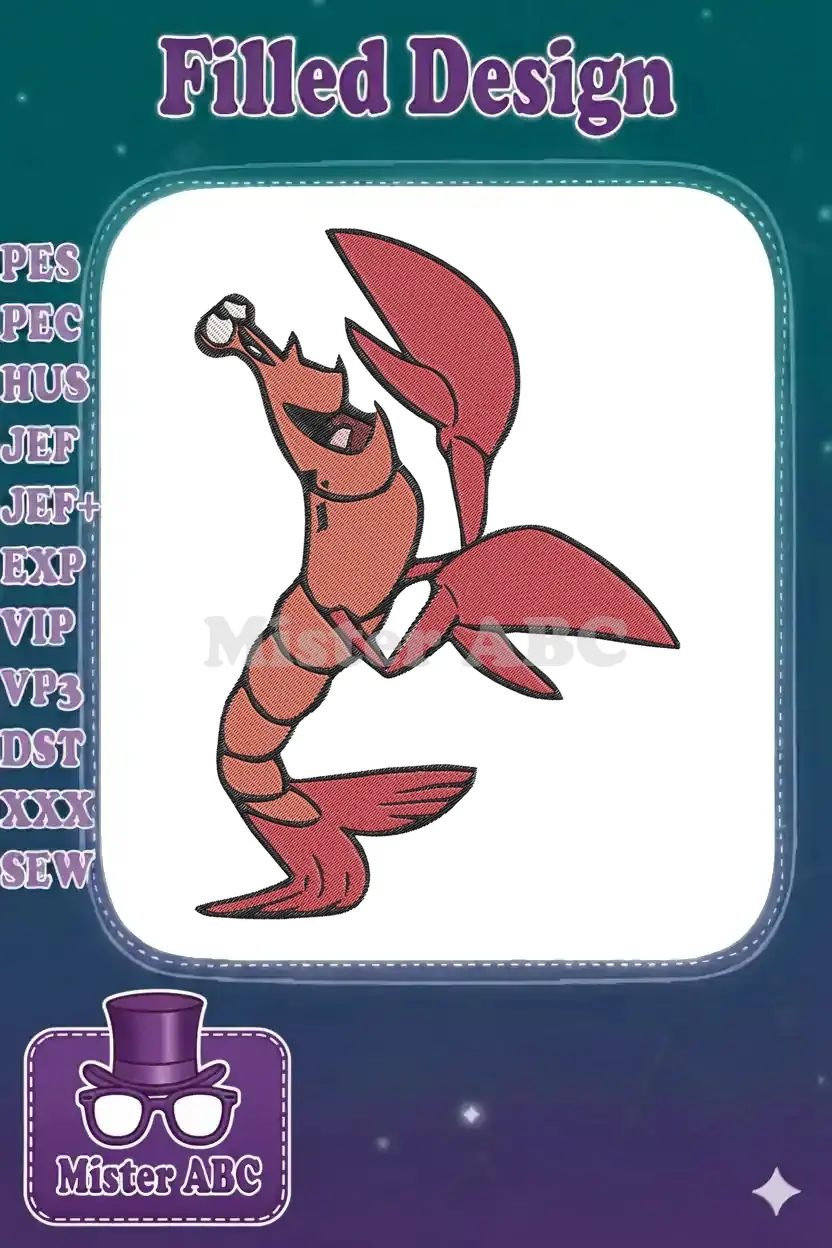 Vibrant cartoon shrimp/lobster embroidery design, featuring a lively crustacean with large claws and energetic pose, perfect for apparel.