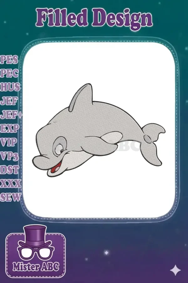 A vibrant cartoon dolphin embroidery design, featuring a cheerful grey dolphin with a red tongue and expressive eyes.