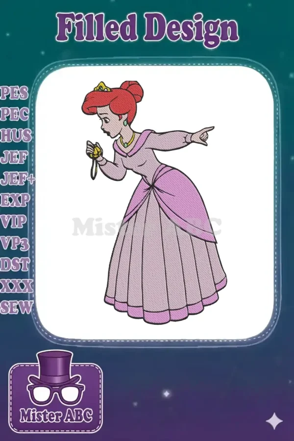 Ariel embroidery design, showing the princess in a pink dress, holding a golden locket and pointing, on white.