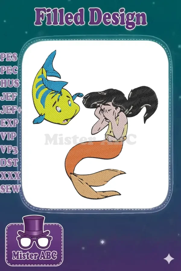 Embroidered scene of Melody, Ariel's daughter, with Flounder looking concerned, showcasing detailed stitch work.
