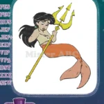 Melody Mermaid Princess Holding Golden Trident Embroidery Designs - Instant Download