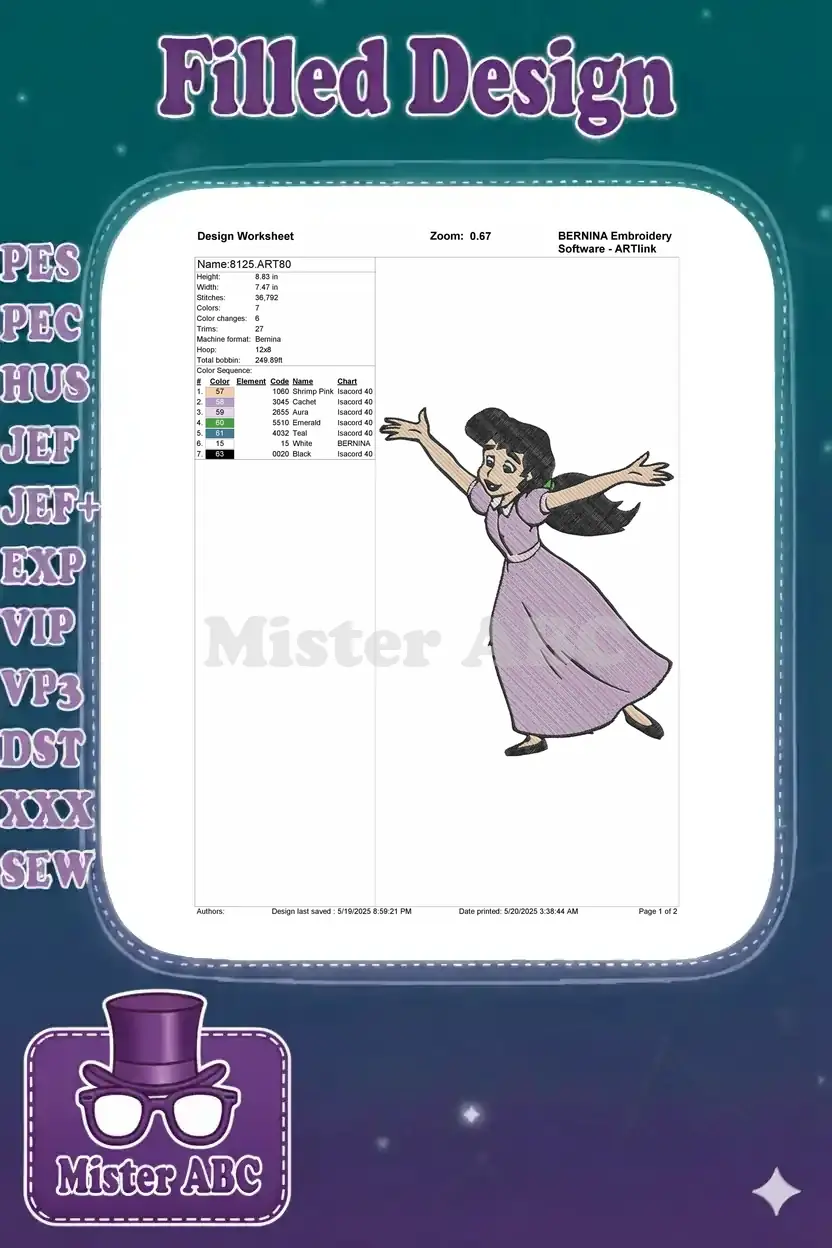 Embroidery design worksheet for Melody, detailing dimensions, stitch count, color sequence, and machine format.