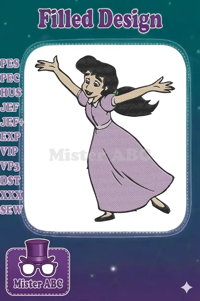 Melody from The Little Mermaid II embroidery design, arms outstretched joyfully, wearing a lavender dress.