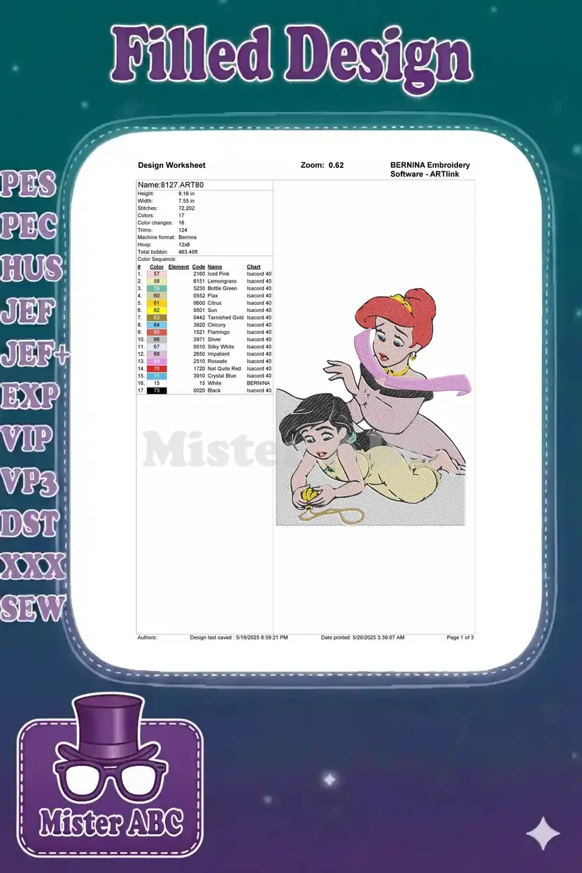 Embroidery design worksheet detailing stitch count, colors, dimensions, and machine format for Ariel and Melody.