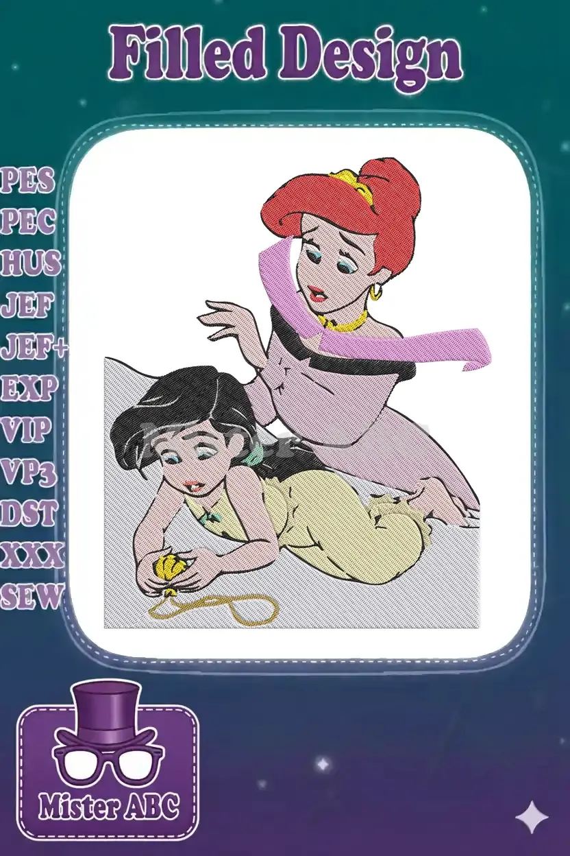 A detailed embroidery design showing Ariel comforting Melody, both from Disney's The Little Mermaid.