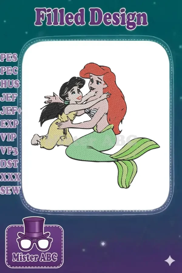 A vibrant embroidery of Ariel the mermaid embracing a young child, likely Melody, on a white background, filled with joy.