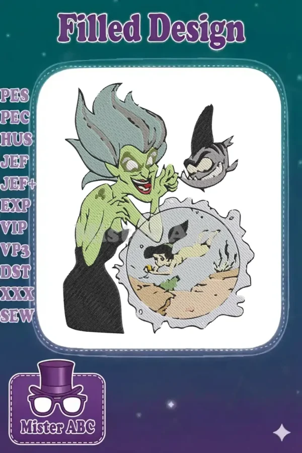 Full embroidery design featuring Ursula, Flotsam and Jetsam, and Ariel swimming in a magical bubble, on a white background.