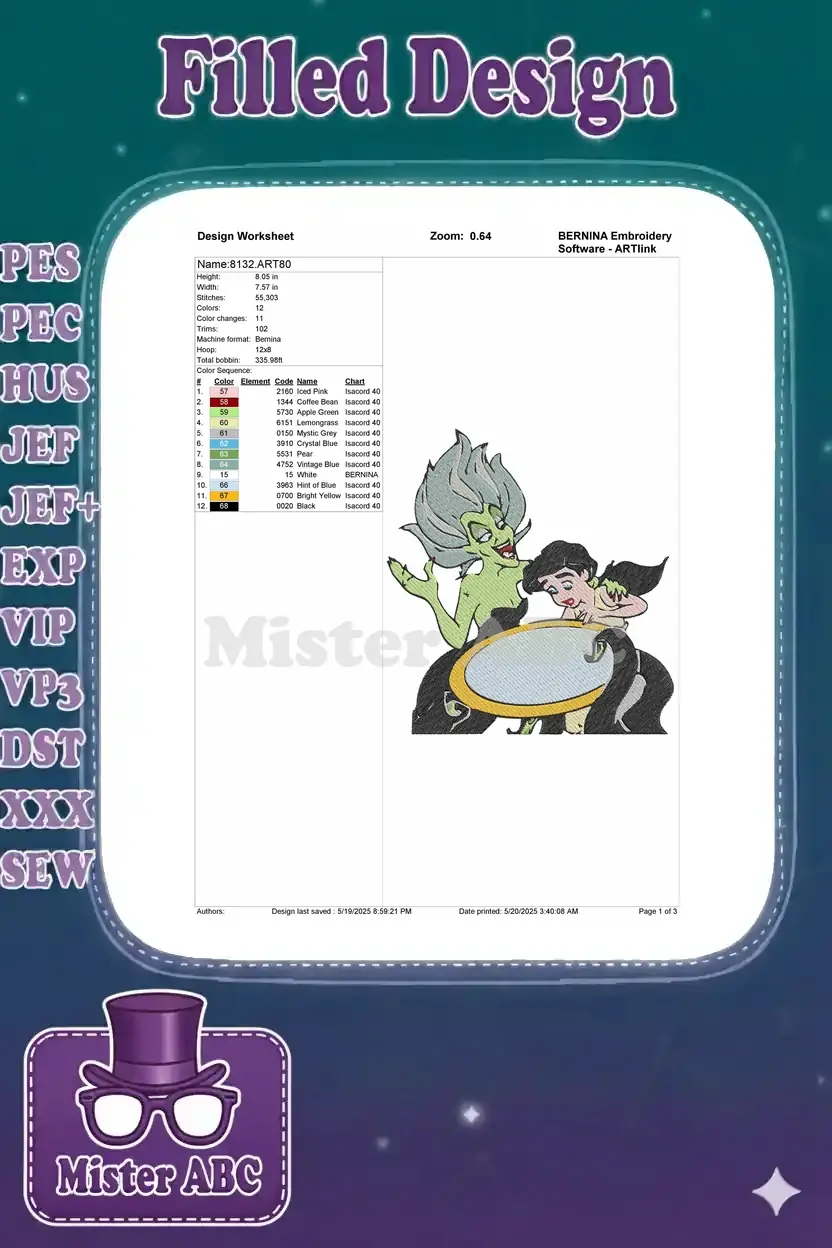 Embroidery design worksheet for Ursula and Melody, showing stitch count, dimensions, and color chart.