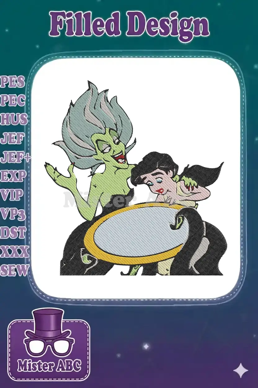 Detailed embroidery of Ursula and Melody gazing into a mirror, featuring vibrant colors and intricate stitching.