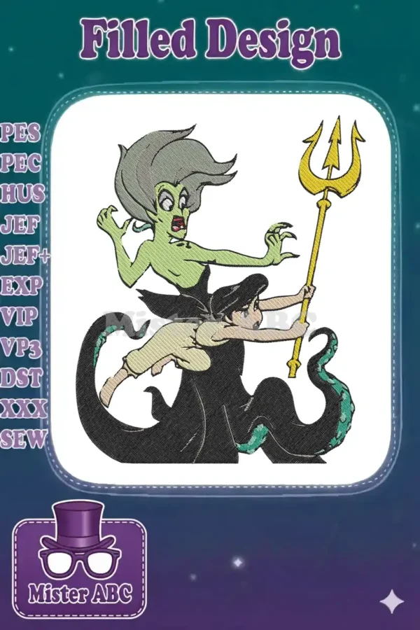 Dynamic embroidery design featuring Ursula, the sea witch, and Princess Ariel grasping a golden trident in an epic scene.