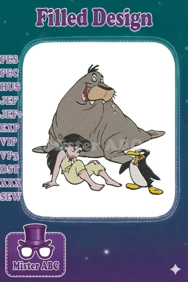 Melody, Tip the walrus, and Dash the penguin in a charming embroidery design, showcasing their unique bond.