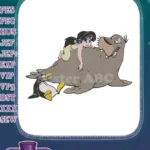 Happy Girl Riding Friendly Walrus and Penguin Aquatic Embroidery Designs - Instant Download