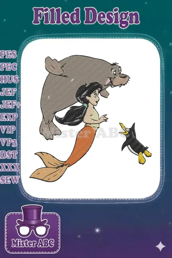 A vibrant machine embroidery design featuring Melody, Tip the walrus, and Dash the penguin in a playful scene.