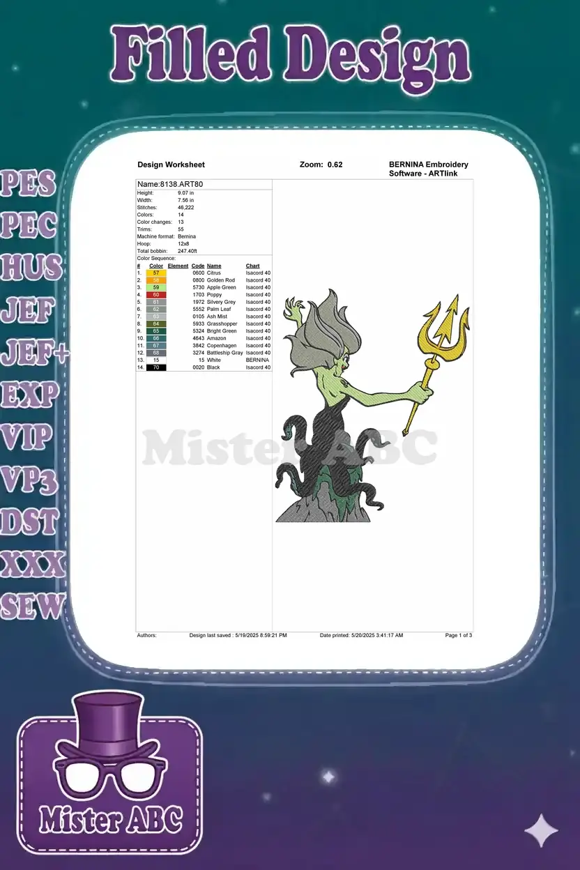 Embroidery design worksheet for Ursula, detailing dimensions, stitch count, thread colors, and machine format.