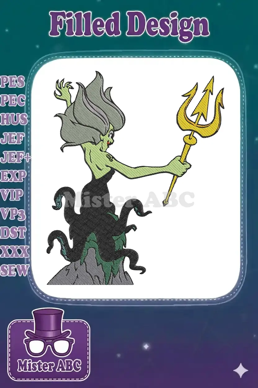 Dynamic Ursula embroidery design, featuring the sea witch with a golden trident, rising from a rocky base.