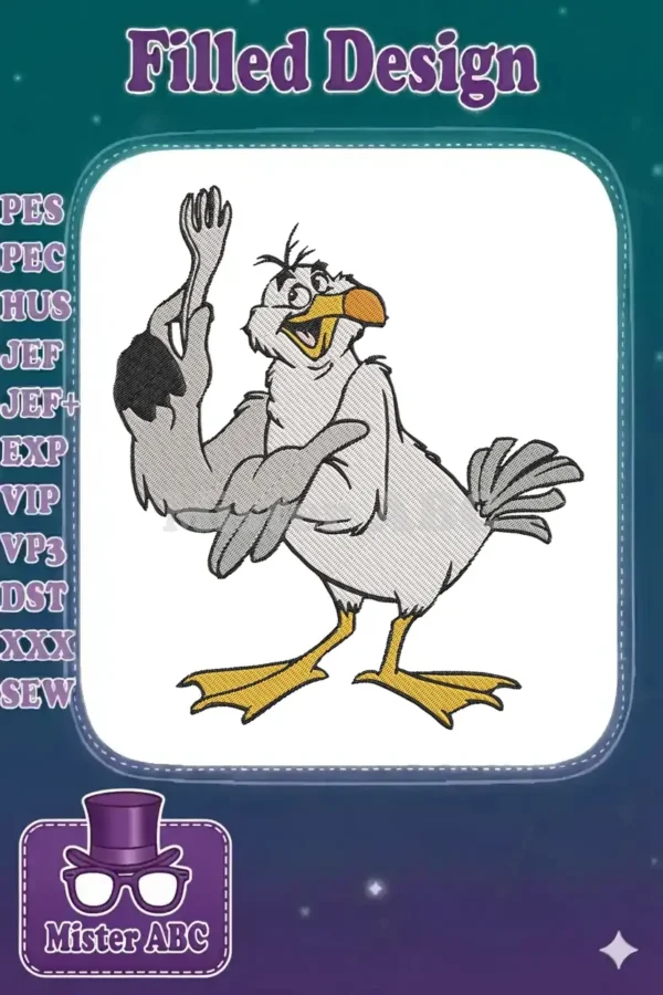 Detailed embroidery design of Scuttle, the cheerful seagull from The Little Mermaid, holding a fork. Vibrant and fun.